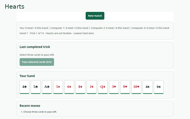 Hearts playing interface